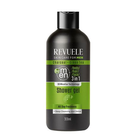 Revuele Men Care gél 300 ml, Charcoal and Green Tea 3in1 Body, Hair, Face Shower Gel